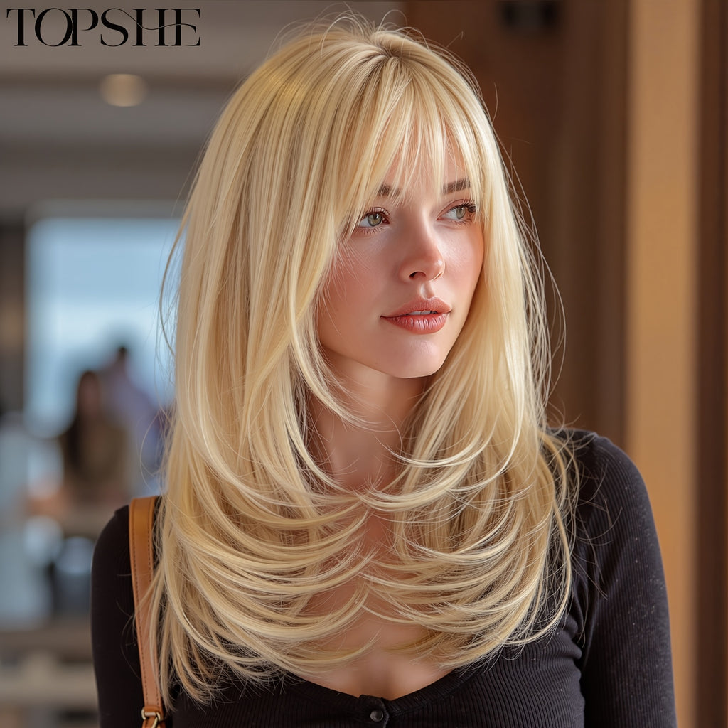 14Inch Golden Layered Straight Hair Women'S Wig With Bangs, Shoulder Length, Daily Fashion, New Fashion, For Work, Dress Up, Parties, Christmas, Synthetic Wig, High-temperature Silk, Comfortable Rose Mesh Hat, Valentine'S Day, Mother'S Day Gift