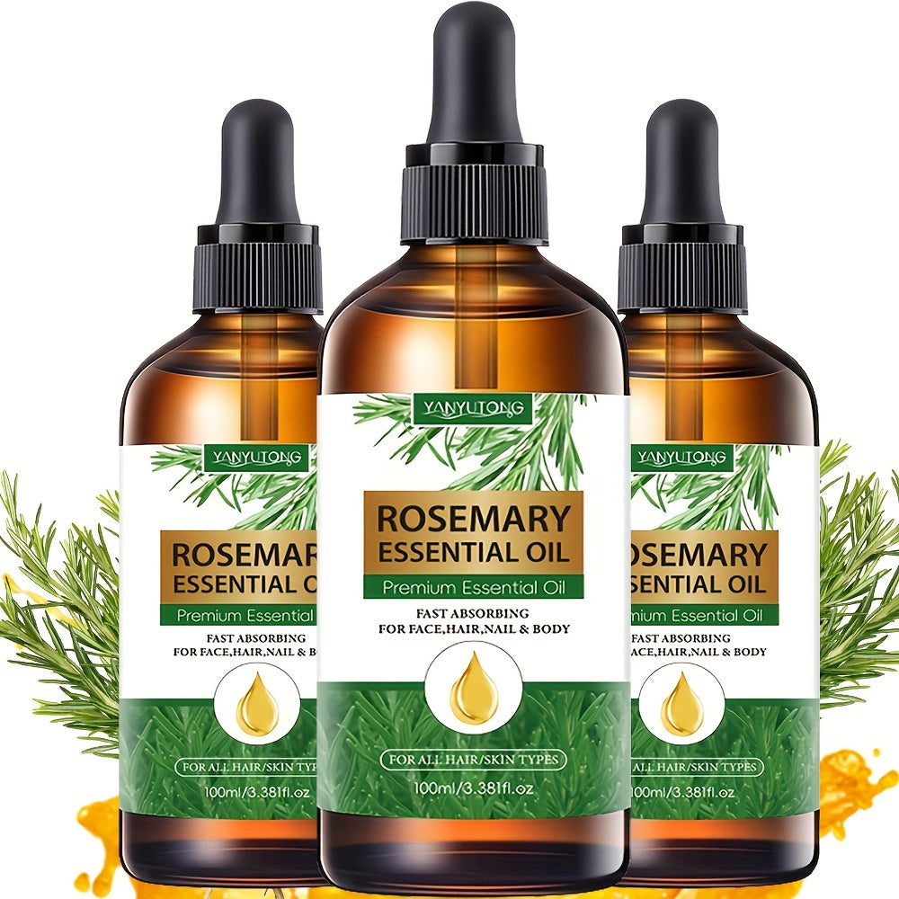 3x3.38oz Rosemary Essential Oil - Plant-Based Formula, Hydrating Hair & Skin Care, for Massage/Shower, DIY, Multi-Use for Face, Body, Nails, Hair | Ideal Holiday Gift"