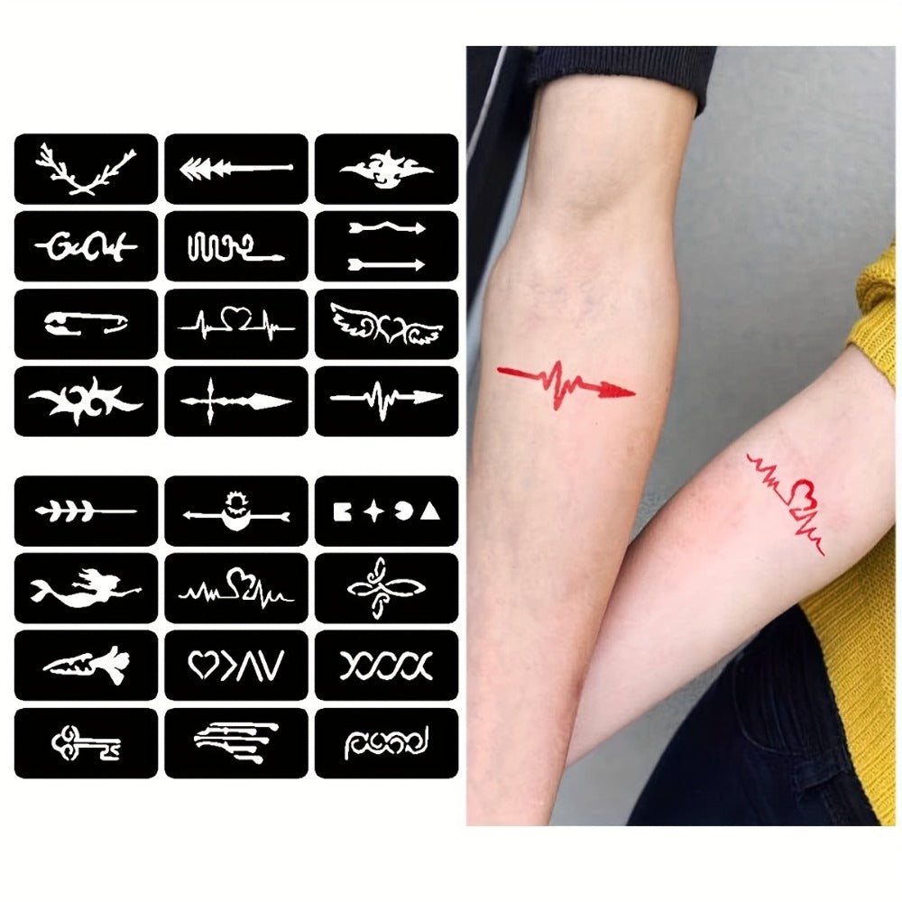 12 Sheets Temporary Tattoo Stencils Set for DIY Body Art, Unisex Hollow Design Templates with Various Patterns for Arm, Ankle, Behind Ear, Waterproof Juice Paste Freehand Ink - Creative Home Tattoo Project, Oblong Shape (Ink Not Included)