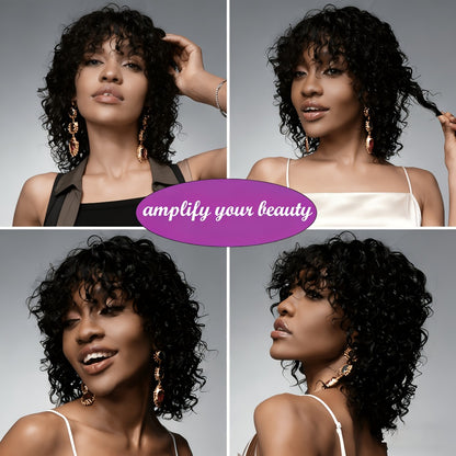 Brazilian Human Hair Wig Short Wavy Elf Cut 150% Density Lace Free Rose Mesh Cap Glueless Machine Made Wig for Women Men All Ethnicities Natural Black 10 Inch Alopecia Chemo