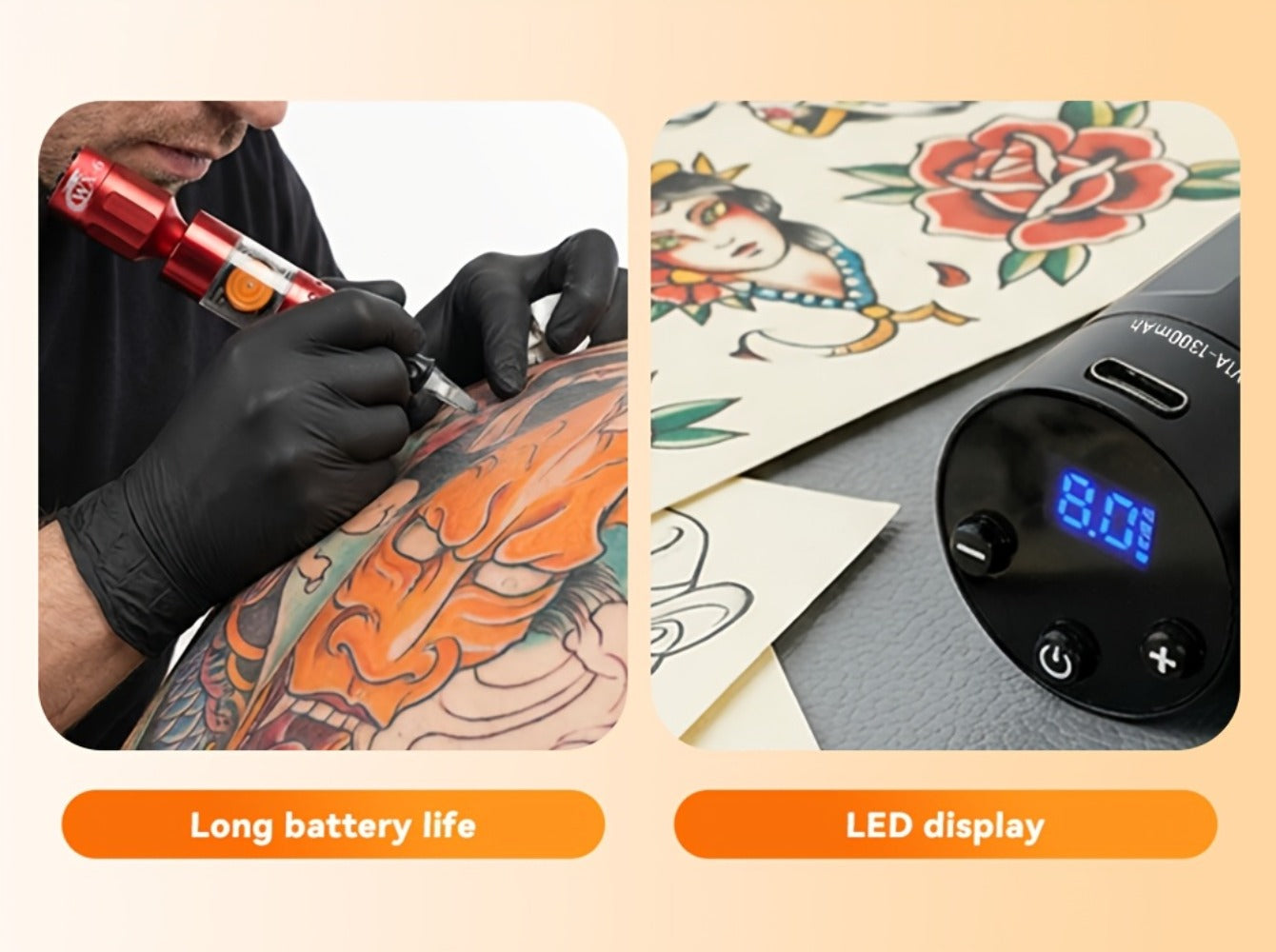 Tattoo Battery Wireless Power Supply Portable Rechargeable - LED Digital Display RCA DC Connector Coreless Motor for Rotary Tattoo Pen Machine Red Silver Black