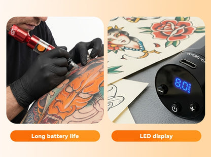 Tattoo Battery Wireless Power Supply Portable Rechargeable - LED Digital Display RCA DC Connector Coreless Motor for Rotary Tattoo Pen Machine Red Silver Black