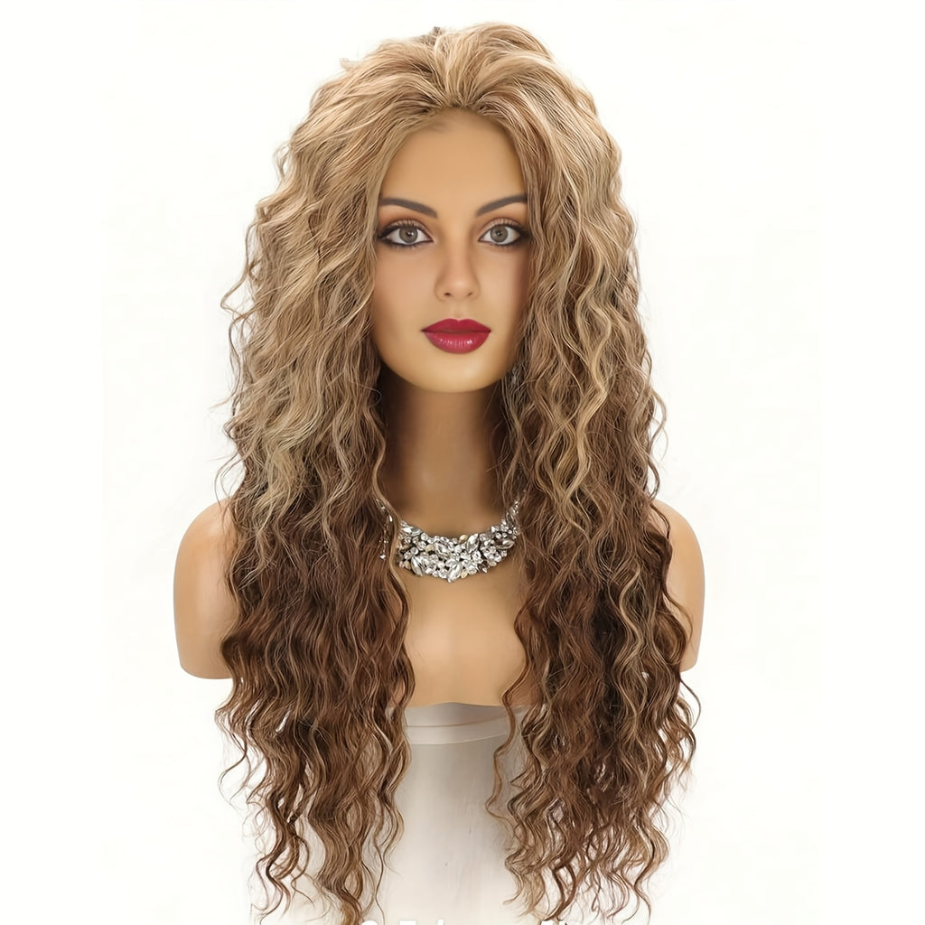 Ombre Ash Blonde Brown Curly Wig Long Wavy Middle Part Natural Looking Dark Roots Synthetic Wigs for Women 80s Halloween Carnival Party Wig Costume Party Or Daily Use 28 Inches