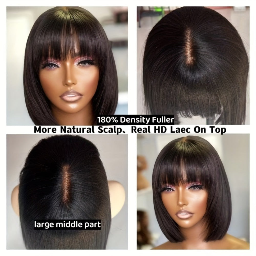 Bob Wig Human Hair Glueless 4x1 HD Lace Front — Short Bob with Bangs, 180% Density, Brazilian Remy, Straight Put & Go Wig for Women, Natural Black, 10–14 Inch