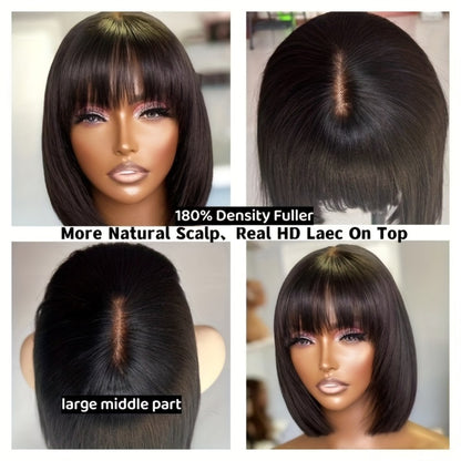 Bob Wig Human Hair Glueless 4x1 HD Lace Front — Short Bob with Bangs, 180% Density, Brazilian Remy, Straight Put & Go Wig for Women, Natural Black, 10–14 Inch