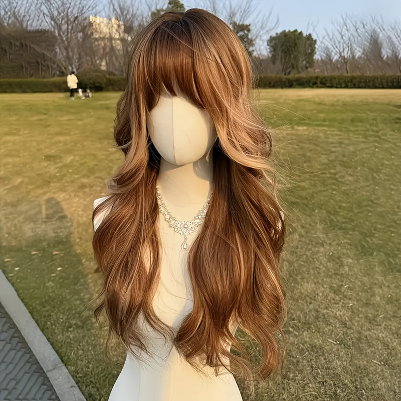Women's 24-Inch Highlighted Brown Wavy Wig with Bangs-Soft Heat-Friendly Fibers, Natural Volume, Easy to Style, Great for Everyday Use, Parties & Cosplay