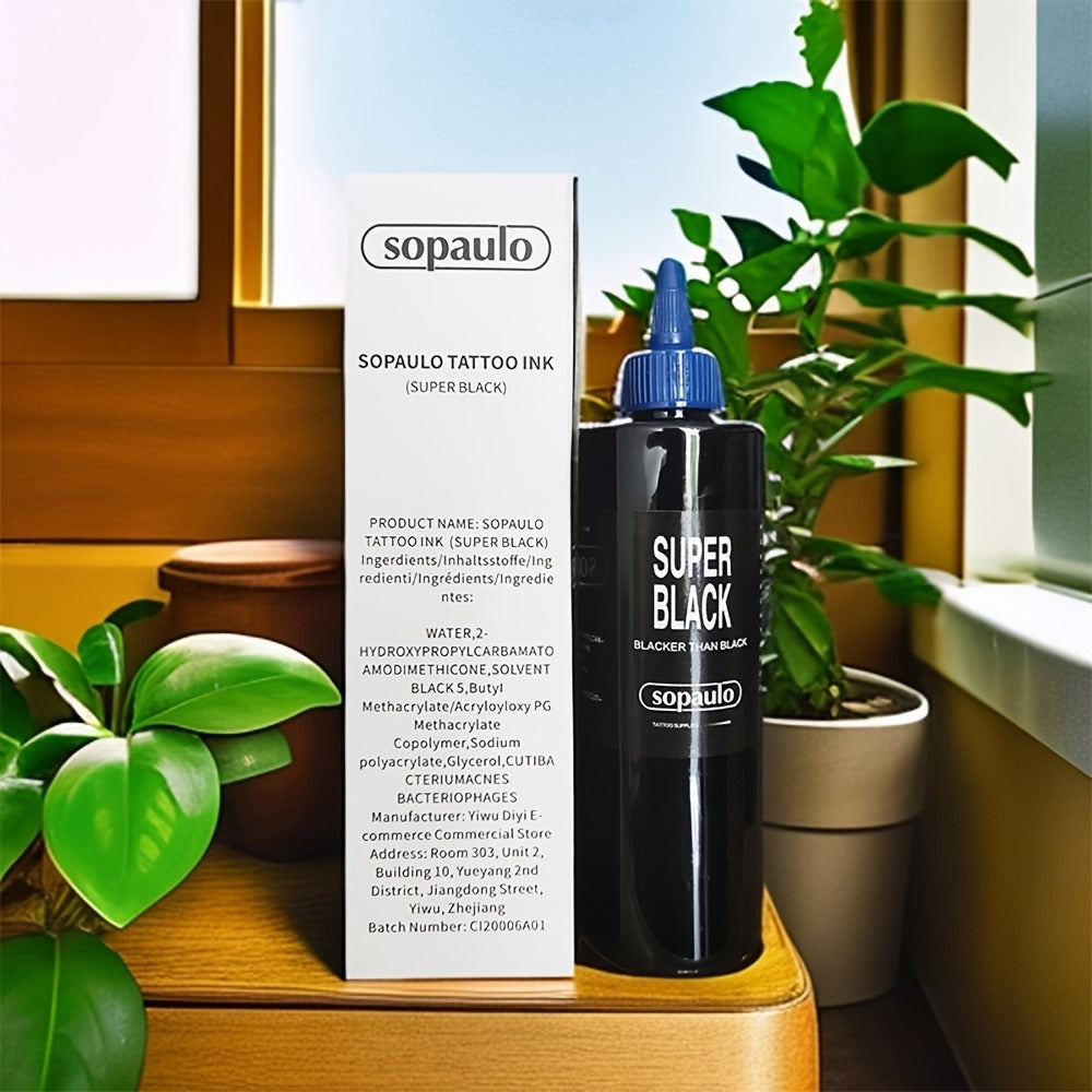 Super Black Tattoo Ink, 8oz - Ultra Dark Liquid Body Paint with Intense Black Color Tone, Enhanced with Large Particles for Lasting Effect