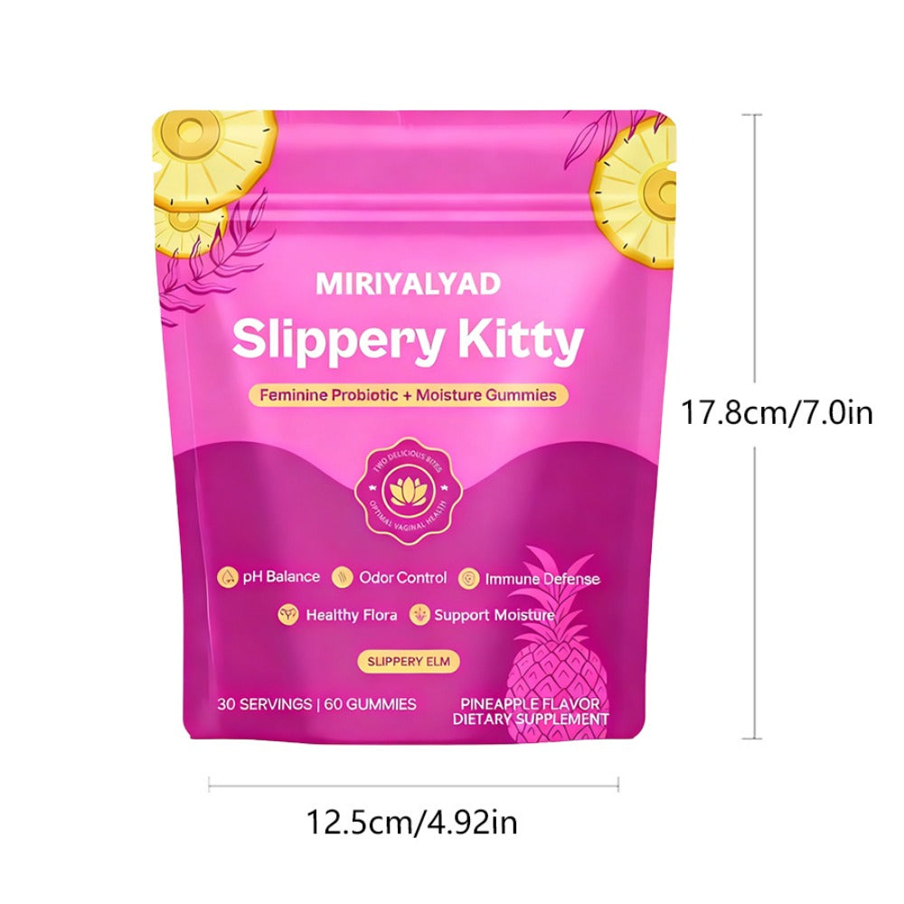 Slippery Kitty Feminine Probiotic Gummies-60 Count (30-Day Supply) | PH Balance, Odor Control & Moisture Support | Pineapple Flavor And Slippery Elm And Bacillus Coagulans | Vegan, Gluten-Free, Allergen-Free | Women'S Health | Local Warehouse|Gifts