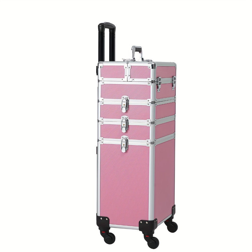 [With Wheels] 4in 1 Aluminum Cosmetic Professional Makeup Case Tattoo Box, Extra Large Cosmetic Case Rolling Makeup Case Trolley Makeup Travel Organizer with 360° Swivel Wheels Pink Black