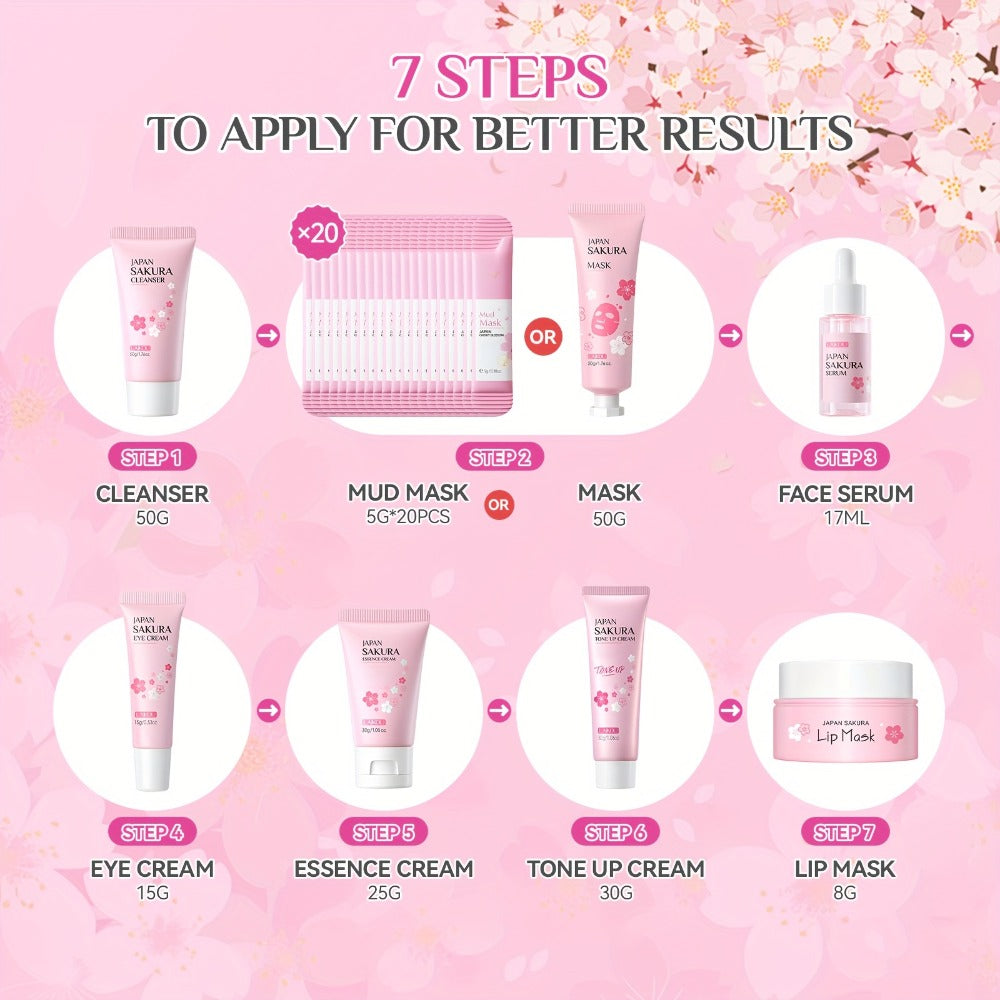 Cherry Blossom Skincare Gift Set, Facial Care Set with Essence Cream, Cleanser, Toner, Eye Cream, Mud Mask, Exfoliating Mask, Eye Mask, Toning Cream, Lip Balm, Etc., Birthday Mother's Day Gift for Female s
