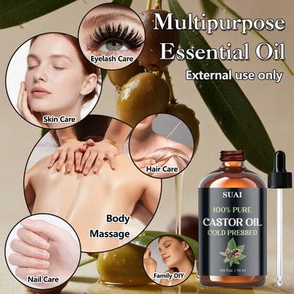Castor Oil 100% Pure Cold Pressed 1.69oz for Hair Growth Eyebrows Eyelashes Skin Moisturizing Body Oil Plant Extract Hypoallergenic Smooth Soft Skin Care for Women Men