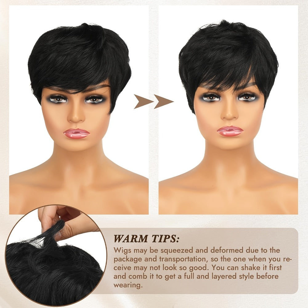 Short Fairy Wig Human Hair Brazilian 150% Density Glueless Rose Net Cap Natural Black 4 Inch Beginner Friendly Elegant Wig for Women