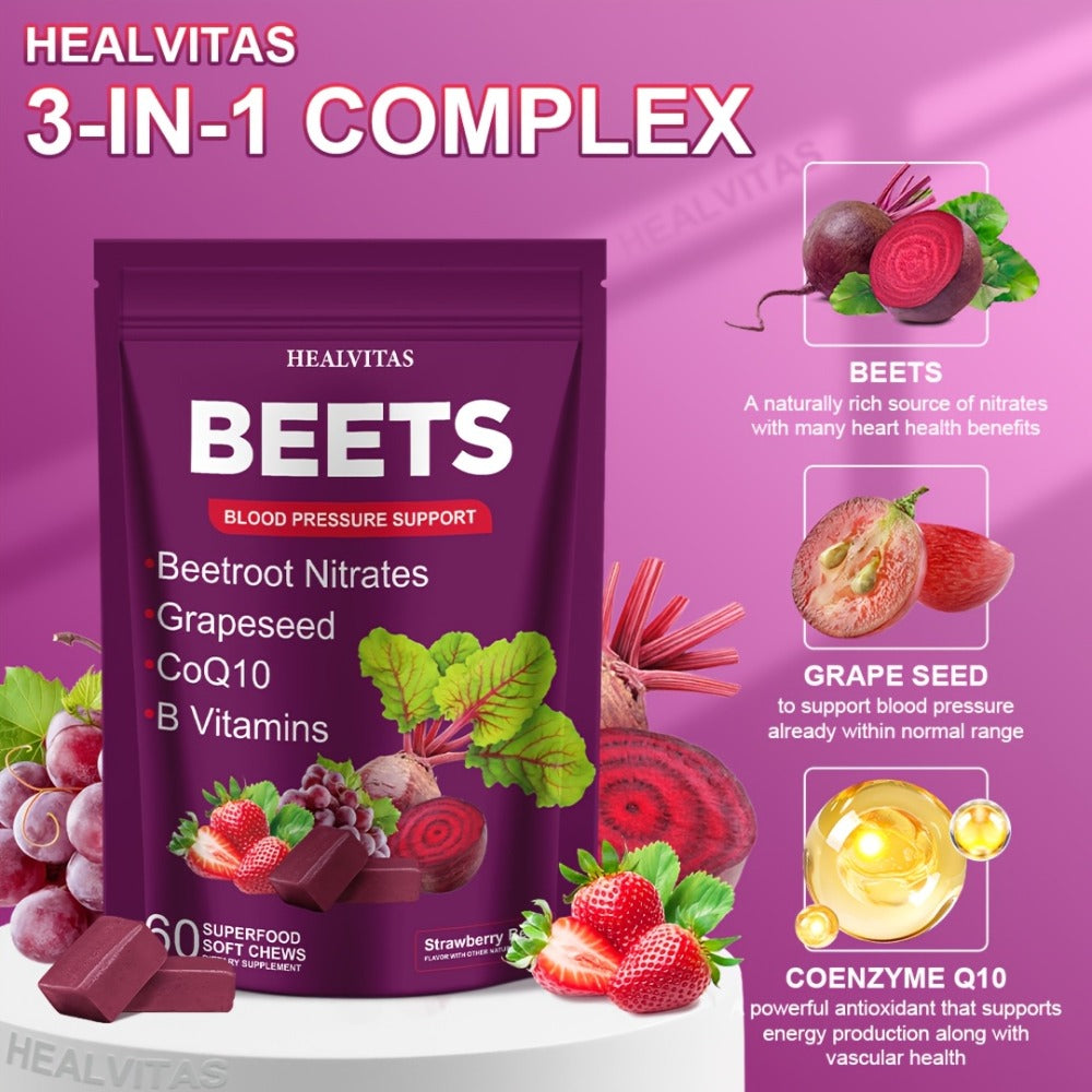 Super Beets All-in-One Beet Root Gummies & Chews - Beet Powder with Vitamins B12/B6, CoQ10 & Grapeseed - Heart Health Support, Blood Pressure Health Supplement, Blood Flow Booster - Chewable Vitamins for Blood Pressure Support 1pc/2pcs/3pcs