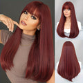 A 28-Inch Synthetic Wig with Straight, Wine-Red Bangs That Is Heat-Resistant And Perfect for Everyday Wear And Holiday Celebrations