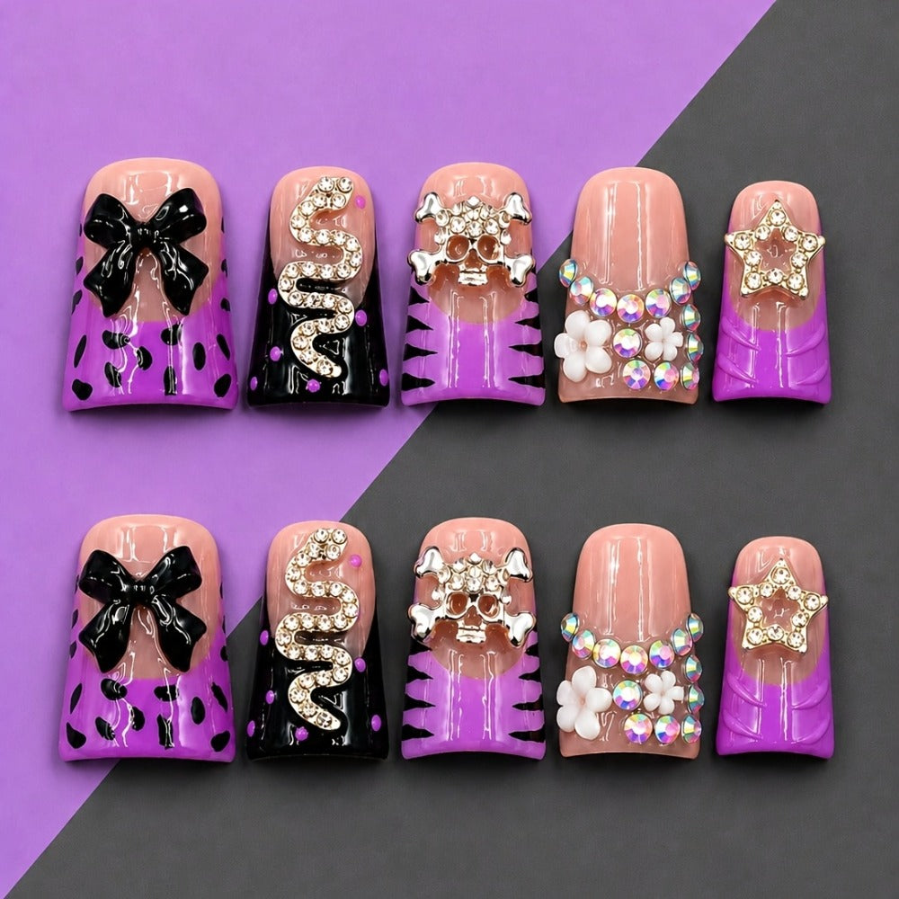 10pcs, Spring And Winter Nails Colors 2026, Handmade Short Duckbill Acrylic Nails With Black Leopard Print, Zebra Print, Bowknot, Snake, Skull And Rhinestone, Suitable For Women And, Party/daily Wear, Including Tools