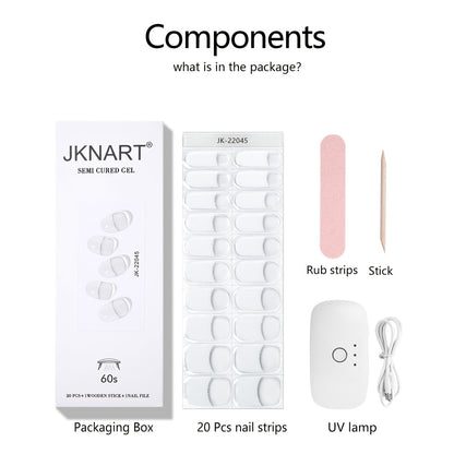 Nail Art Kit Semi Gel Polish Stickers 20Pcs with 12W Portable LED Lamp 8-Bead Gel Light Full-Wrap Nail Stickers Soft Gel Nail Tips White French Manicure Set for Women Beginners
