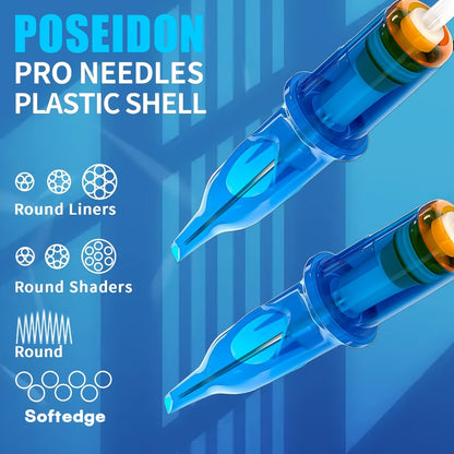 Tattoo Cartridge Needles 50pcs POSEIDON V3 Mixed Assorted Sizes with Membrane Safety Cartridges Stainless Steel Sterile Needles for Tattoo Machine Pen RL RS RM