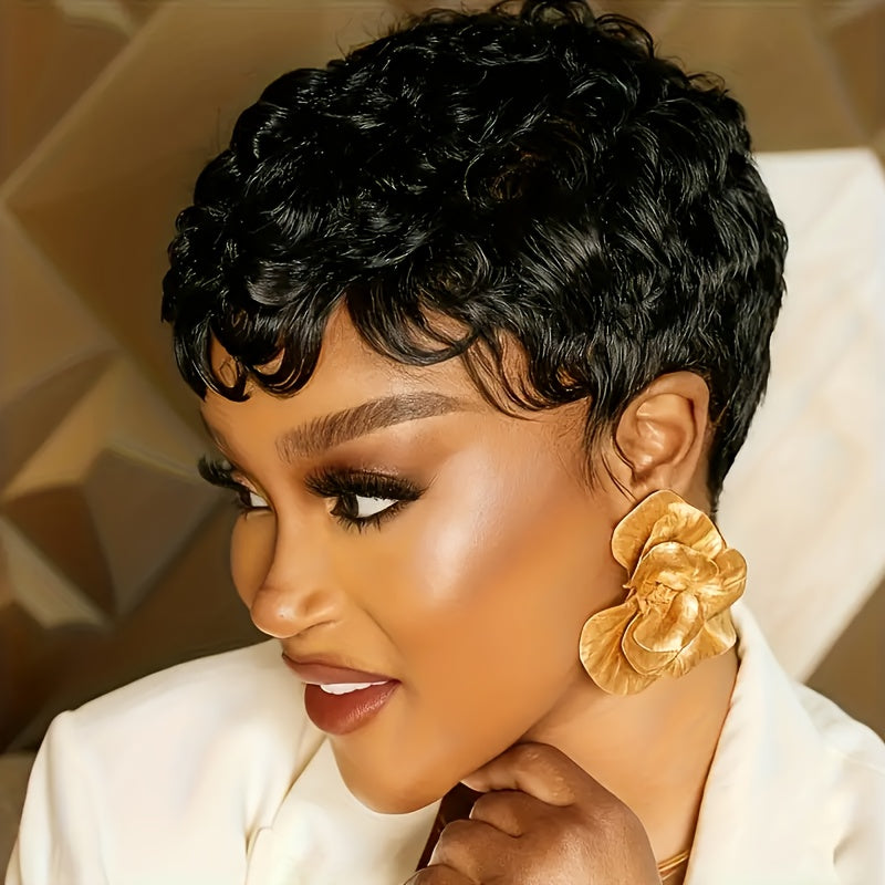 Brazilian Remy Human Hair Wig - Short Curly Pixie Cut with Bangs, 180% Density Glueless Natural Black Bob Wig, Layered Loose Curly Hairpiece for Caucasian/Black/African Descent, Machine-Made for Comfortable Daily Wear & Low