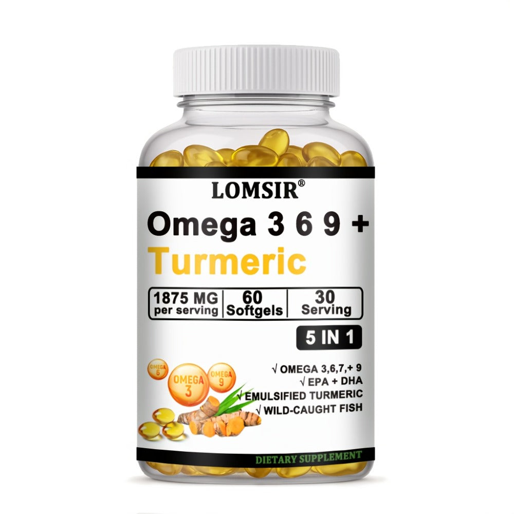 LOMSIR Omega 3-6-9 + Turmeric Softgels (DHA & EPA) - Wild Fish Oil Blend, Emulsified Turmeric, 60 Softgels, Daily Balance, Easy-to-Take