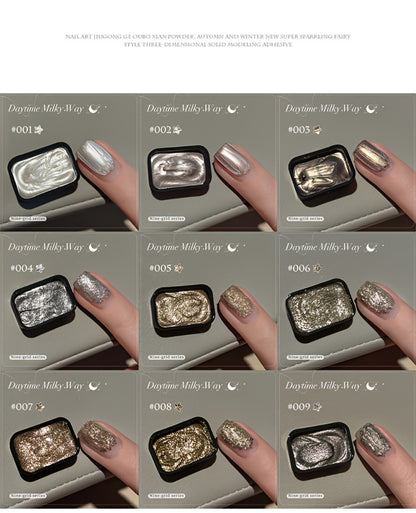 Fairy Powder Nail Art Gel Set 9 Colors - Nine-Grid Special Effect Milky Way Galaxy Gel Polish Alcohol Free UV LED Soak Off - Long Lasting Glitter Nail Gel for Salon & Home DIY Women