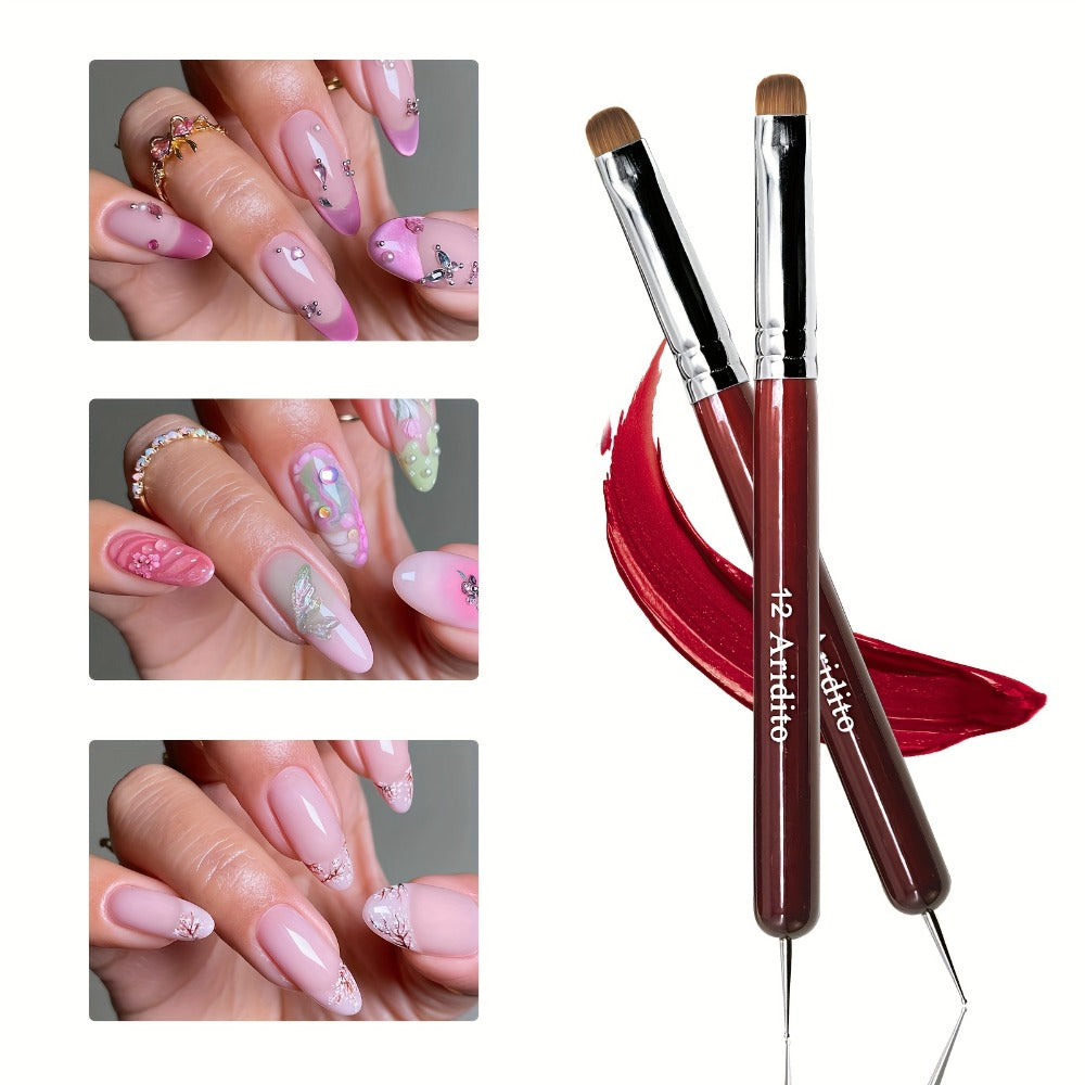 4pcs Aridito Professional Acrylic French Manicure Clean-Up Brushes & Dotting Pens - Red Wood Handles, Precision Tips (#10, #12, #14, #16) for Nail Art, Cuticle Care - Essential Manicure Tools for Home & Salon Use, Modern Metallic Finish | Metallic Ferrule