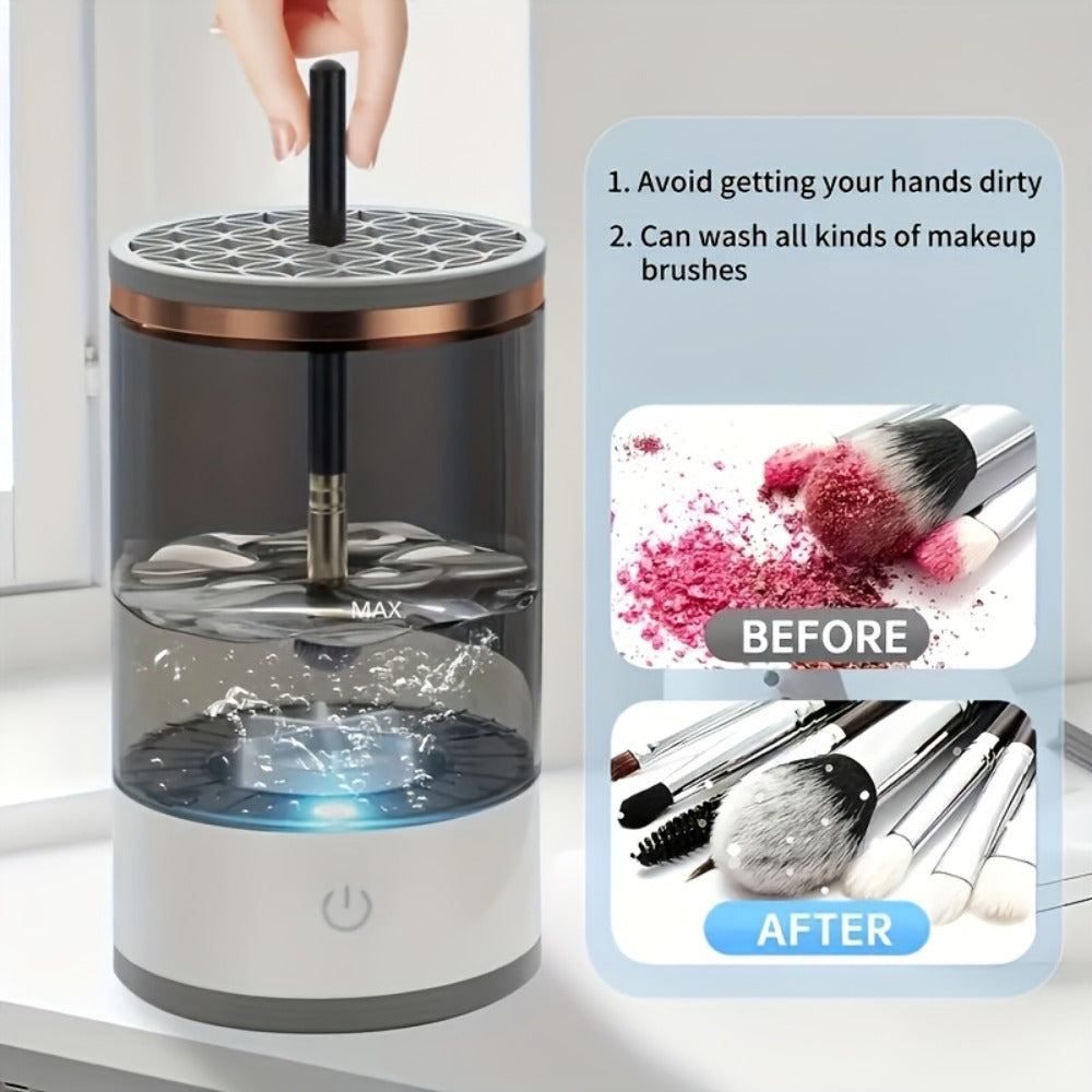 [Innovative Cleaning] Usb-Powered Makeup Brush Cleaner & Dryer - Odorless, Battery-Free, Essential Beauty Tool with Transparent Design & Copper Accents, Includes Dual-Section Brush Holder for Efficient Cleaning, Beauty Tool Accessory|Modern
