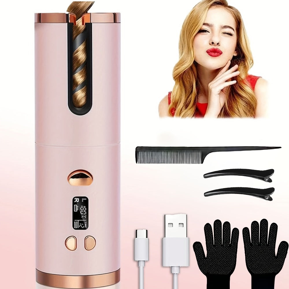 Automatic Curler, Portable Curler, Cordless Rotating Curler with 6 Temperatures, LCD Display USB Rechargeable, Fast Heat-Up And Auto-Off for Hair Styling, Mother'S Day Gift, Birthday Gift (Additions: 1 X Storage Bag And 4 X Hair Clips And 1 X Comb)