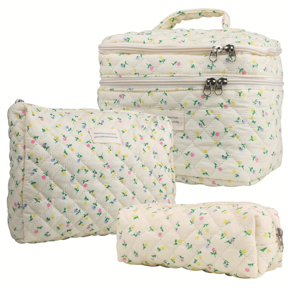 Large Capacity Dual Layer Cotton Makeup Cosmetic Bag (3PCS), Cute Quilted Travel Coquette Aesthetic Floral Make up Bag for Women Toiletry Bag