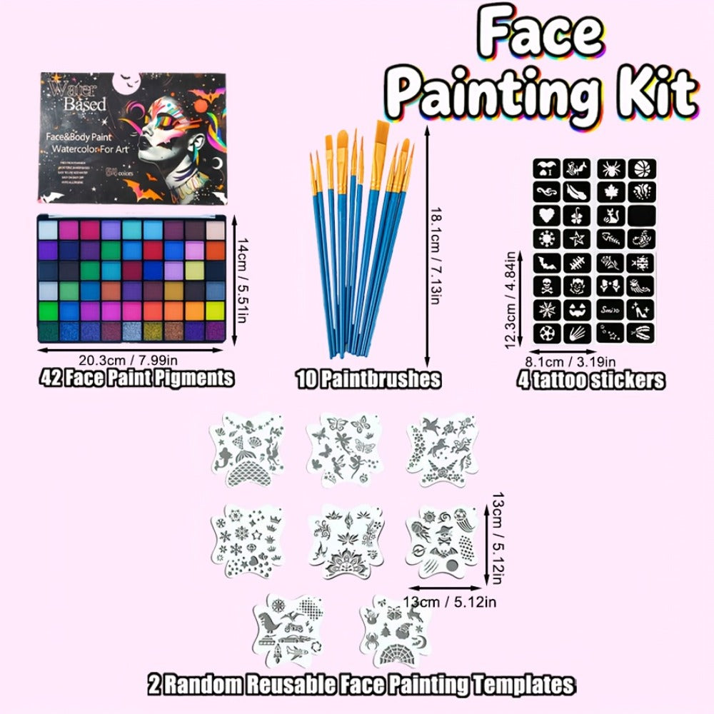 Face Body Paint Set 54 Colors — Matte, UV Fluorescent & Glitter Palette with Pattern Templates, Brushes & Tattoo Stickers for Sports, Cheerleading, Festivals & Parties