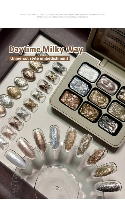 Fairy Powder Nail Art Gel Set 9 Colors - Nine-Grid Special Effect Milky Way Galaxy Gel Polish Alcohol Free UV LED Soak Off - Long Lasting Glitter Nail Gel for Salon & Home DIY Women