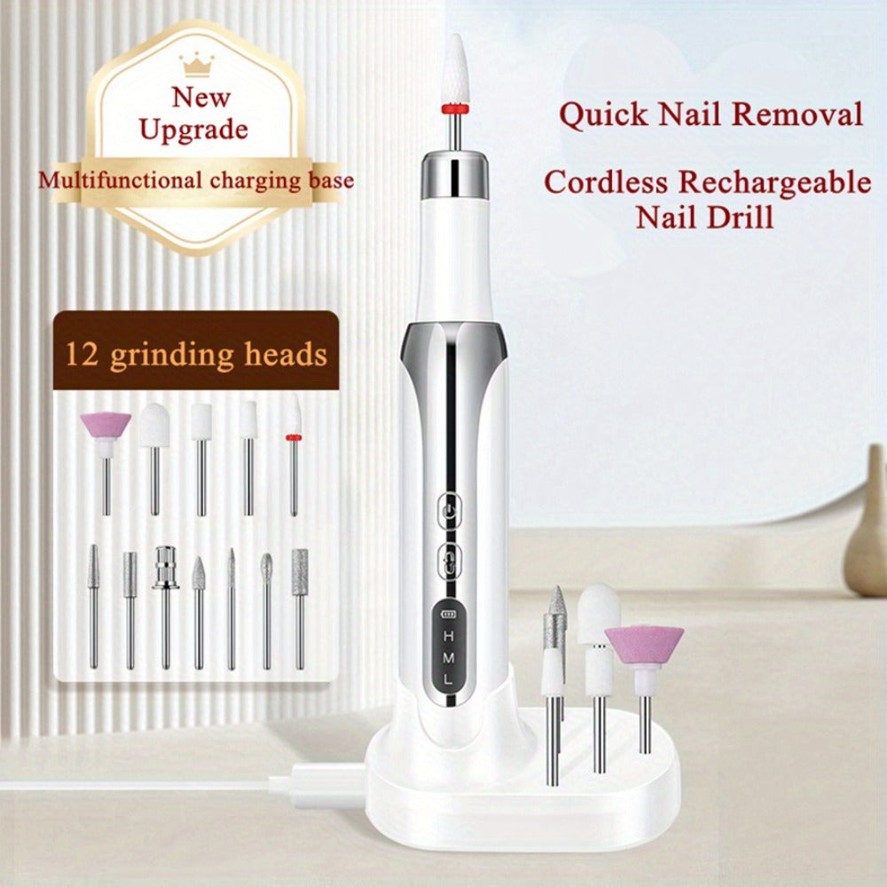 Electric Nail Drill, Cordless Nail Drill, Electric Nail File, USB Rechargeable Portable Nail Drill for Manicure Pedicure And Polishing, with 12 Nail Drill Bits And Sanding Bands, White
