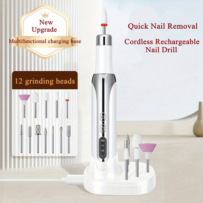 Cordless Electric Nail Drill USB Rechargeable Portable Nail File for Manicure Pedicure Polishing with 12 Nail Drill Bits and Sanding Bands Beginner Professional Home Salon Golden White