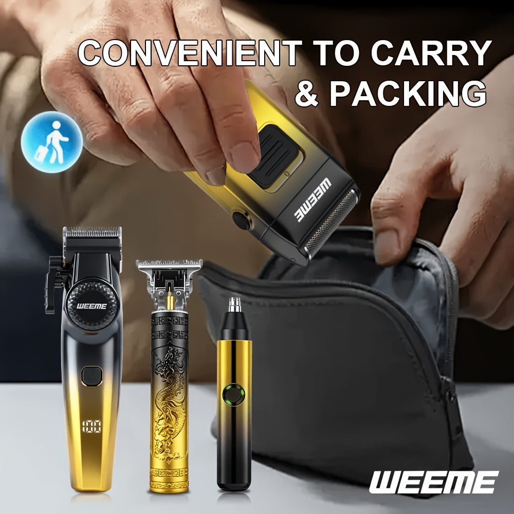 4pcs WEEME Men's Grooming Kit with Electric Shaver, Beard Trimmer & Nose Hair Trimmer - USB-Powered Rechargeable Hair Clipper System, 8 Guide Combs Suitable for Father, Boyfriend, Husband Gift for Holidays, Travel & Use