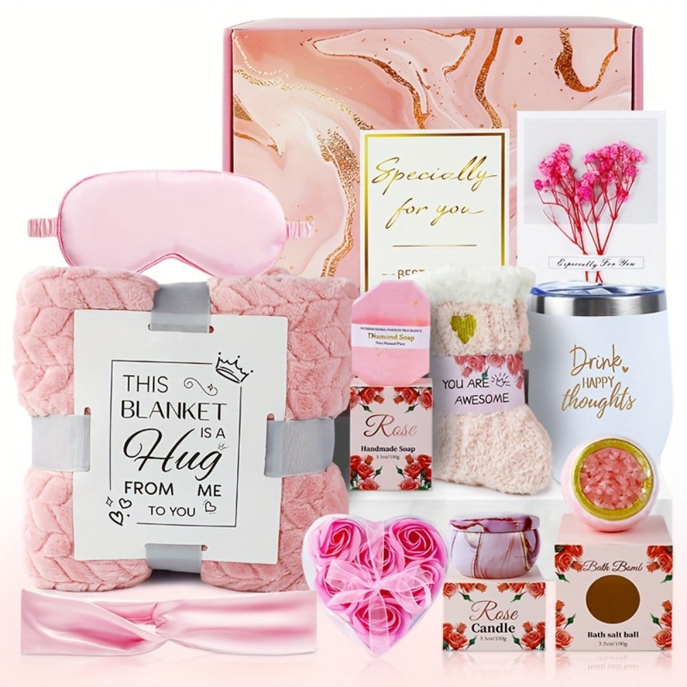 Bath Gift Set with Rose Scented Candles, Dried Flowers, Bath Salt Balls, Water Cups, Eye Masks, Gift Cards, Blankets, Soaps, Socks, Hair Ribbons, Can Be Used As Birthday, Christmas, Mother's Day, Valentine's Day Gifts for Family, Friends