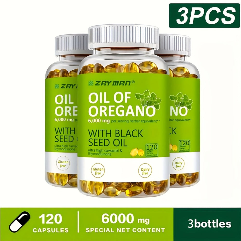 1-3P Bottle of Oregano Oil Softgels - Wild Oregano Oil 6000, Black Seed Oil 200 Capsules, 120 Capsules, Containing Carvacrol And Thymol, Dairy-Free, Gluten-Free