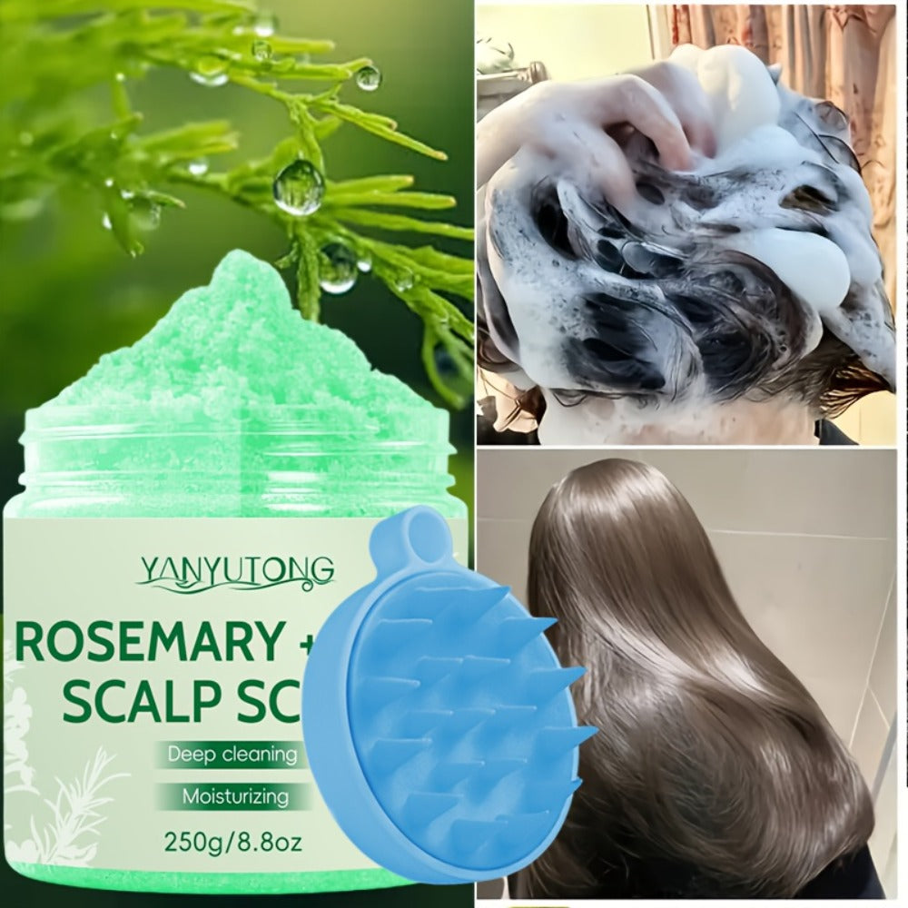 Scalp Scrub with Massage Brush — Rosemary & Mint Deep Cleansing Hair Scrub, 250g, Removes Buildup & Purifies Scalp for All Hair Types Including Oily, Dry & Color-Treated