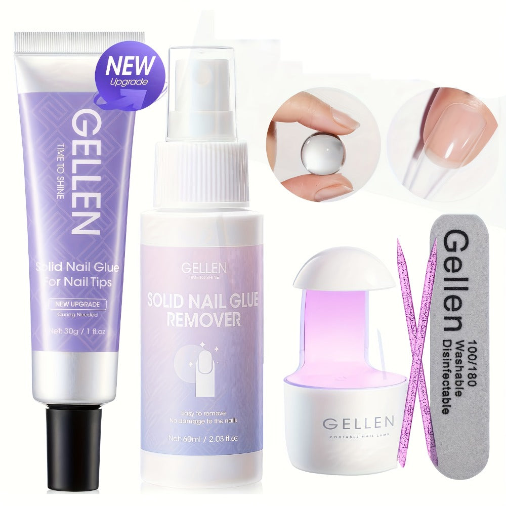 Gellen 30g Solid Nail Glue Gel & Nail Glue Remover Kit: U V Light For Nails Complete Nails Tools For Press Ons Strong Nail Glue Gel Nail Lamp For Gel Nails And Quick Press On Nail Remover, Christmas Gift For Women