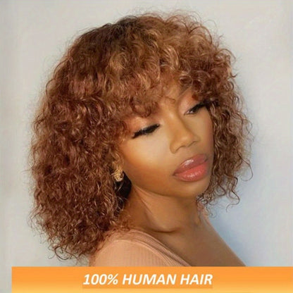 Human Hair Bob Wig Curly Water Wave Glueless Short Wig with Bangs 150% Density Ombre Brown Auburn 12 Inch Beginner Friendly Natural Hairline Daily Wear
