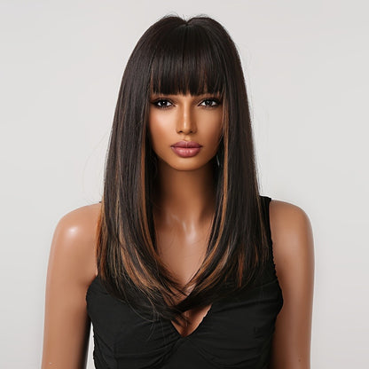 Headband Wig Synthetic Hair 24 Inch Straight with Bangs No Lace No Glue Glueless Wig Rose Mesh Cap Heat Resistant Fiber Orange Highlights Dark Brown Daily Wear Beginner Women