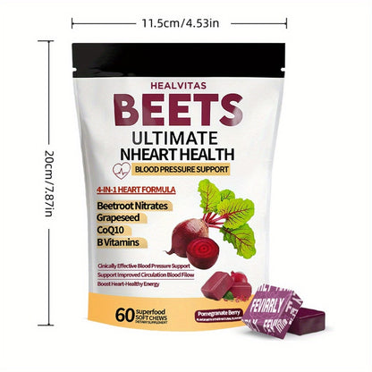 Beetroot Gummies with CoQ10, Grape Seed Extract & Multivitamins - Supports Healthy Blood Pressure, Heart Health & Circulation - Chewable Beet Root Supplement for Men & Women, 60-120 Count