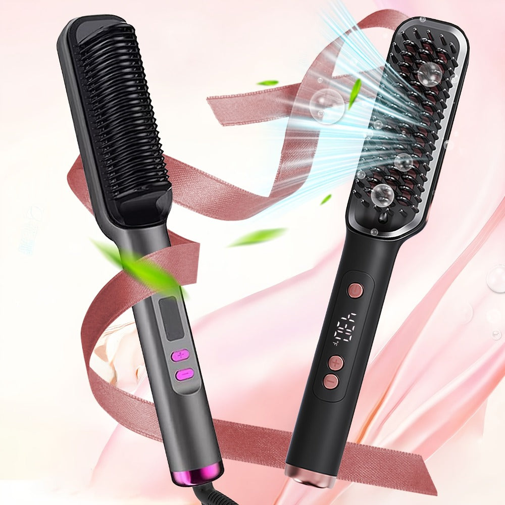 Hair Straightener Brush, 10s Fast Hair Straightener Comb Straightening Brush for Women, LCD Display, 5 Temps Flat Iron Brush, Anti-Scald (Includes Two Extra Clips And One Comb)