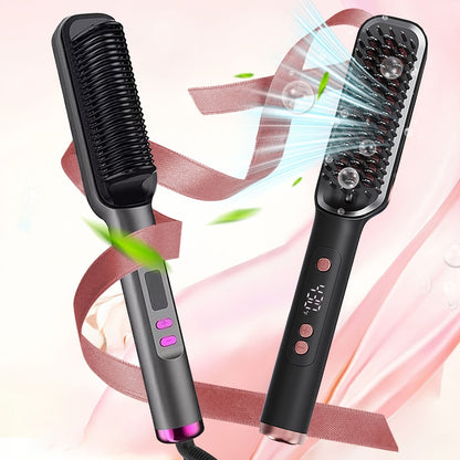 Hair Straightener Brush 10s Fast Heat LCD Display – 5 Temperature Flat Iron Comb Anti-Scald Straightening Brush for Women with 2 Clips & Comb – White, Grey, Purple