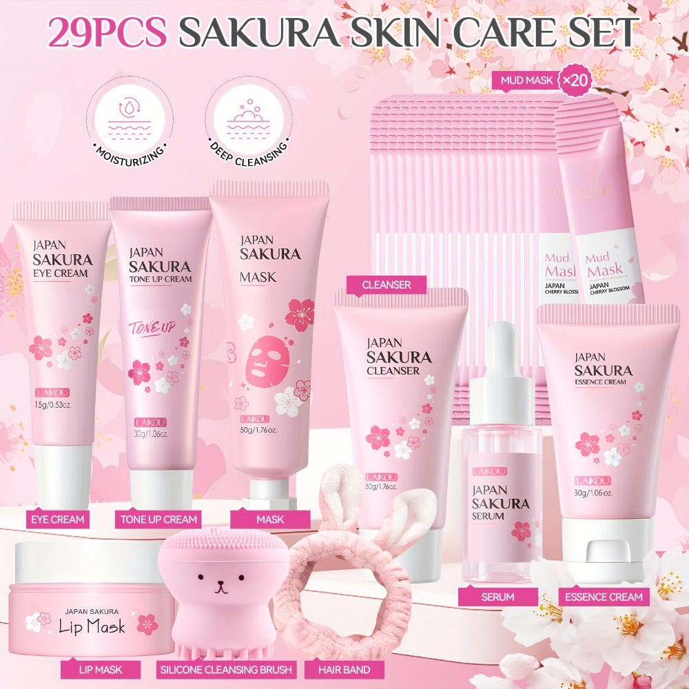 Cherry Blossom Skincare Gift Set, Facial Care Set with Essence Cream, Cleanser, Toner, Eye Cream, Mud Mask, Exfoliating Mask, Eye Mask, Toning Cream, Lip Balm, Etc., Birthday Mother's Day Gift for Female s