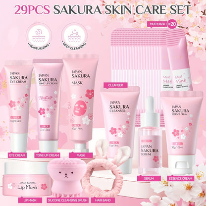 Cherry Blossom Skincare Gift Set Sakura Complete Routine - Essence Cream Cleanser Toner Eye Cream Mud Mask Exfoliating Mask Eye Mask Lip Balm Birthday Gift Women