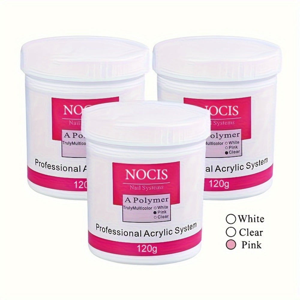 Acrylic Nail Powder Set, 3 Colors Clear&Pink & White, Professional Powder for Nail Extension, Carving, Long-Lasting, No Lamp Needed, 2.1oz.