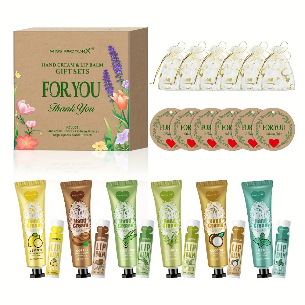 [Ideal Gift] 24pcs MISS FACTORX Hand Cream And Lip Balm Gift Set Moisturizing, Hydrating Formula with Glycerin And Hyaluronic Acid - Includes Thank You Cards And Heart-Shaped Gift Bags - Ideal for Women, Bridal Showers, And Corporate Team Building