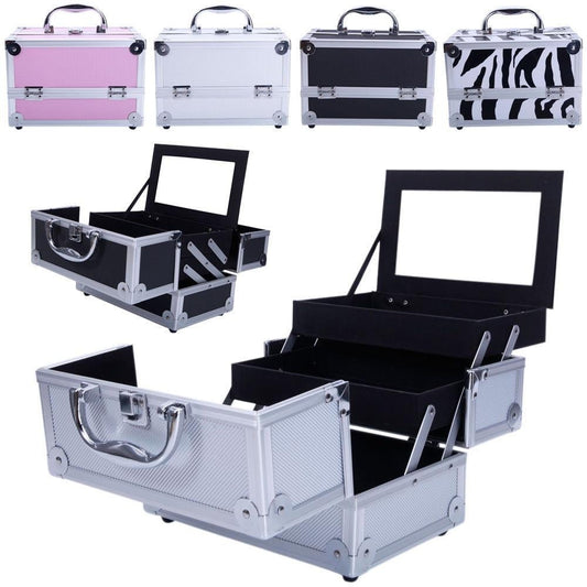 Professional Makeup Train Case, Large Capacity Aluminum Cosmetic Trolley Organizer, Portable Jewelry Storage Box with Adjustable Dividers & Lockable Keys, Travel Makeup Artist Tool Box