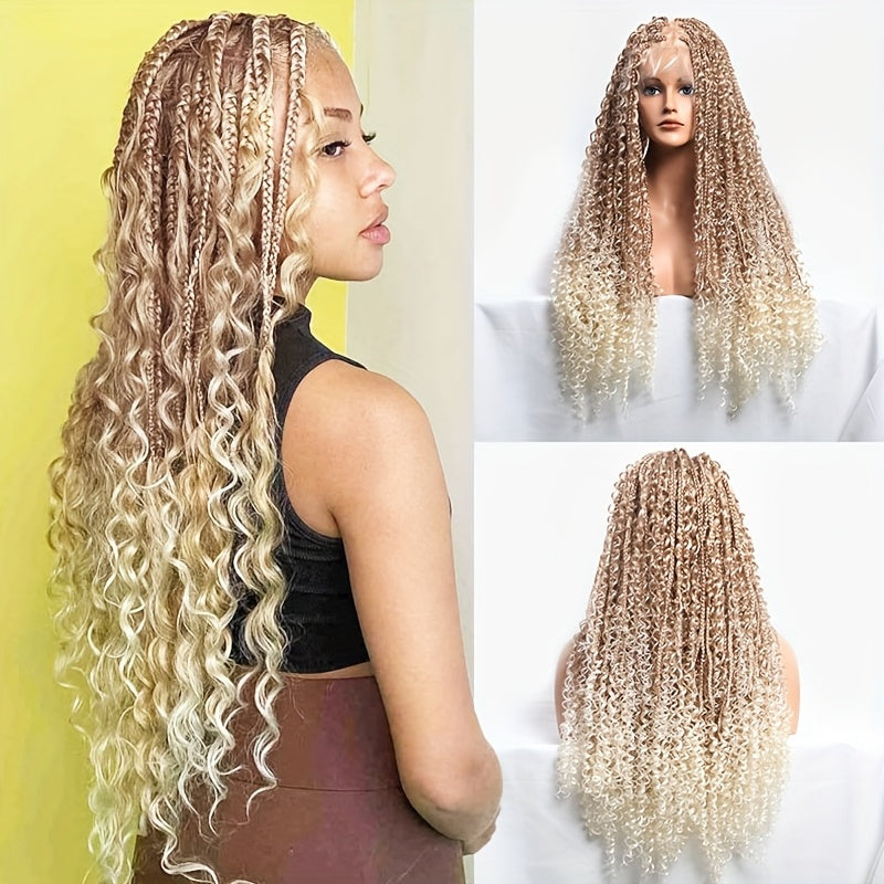 Bohemian Woven Wig Bohemian Style Square Braided Wig Knotless Goddess Braided Wig with Double Full Lace Square Artificial Woven Wig with Suitable for Women Natural Black 36 Inches