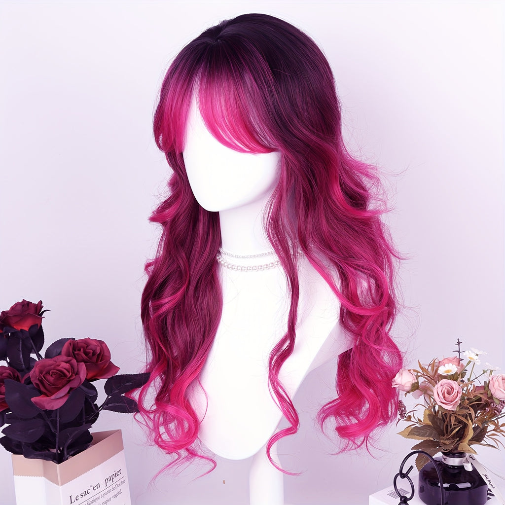 28" Heat Resistant Synthetic Hair Long Wavy Wig With Air Bangs - 150% Density Rose Net Cap For Women, Elegant Curly Wave Style For Parties, Christmas & Casual Attire, Halloween, Everyday Wig | Chic Appearance | Synthetic Hair Wig, Wig Accessories