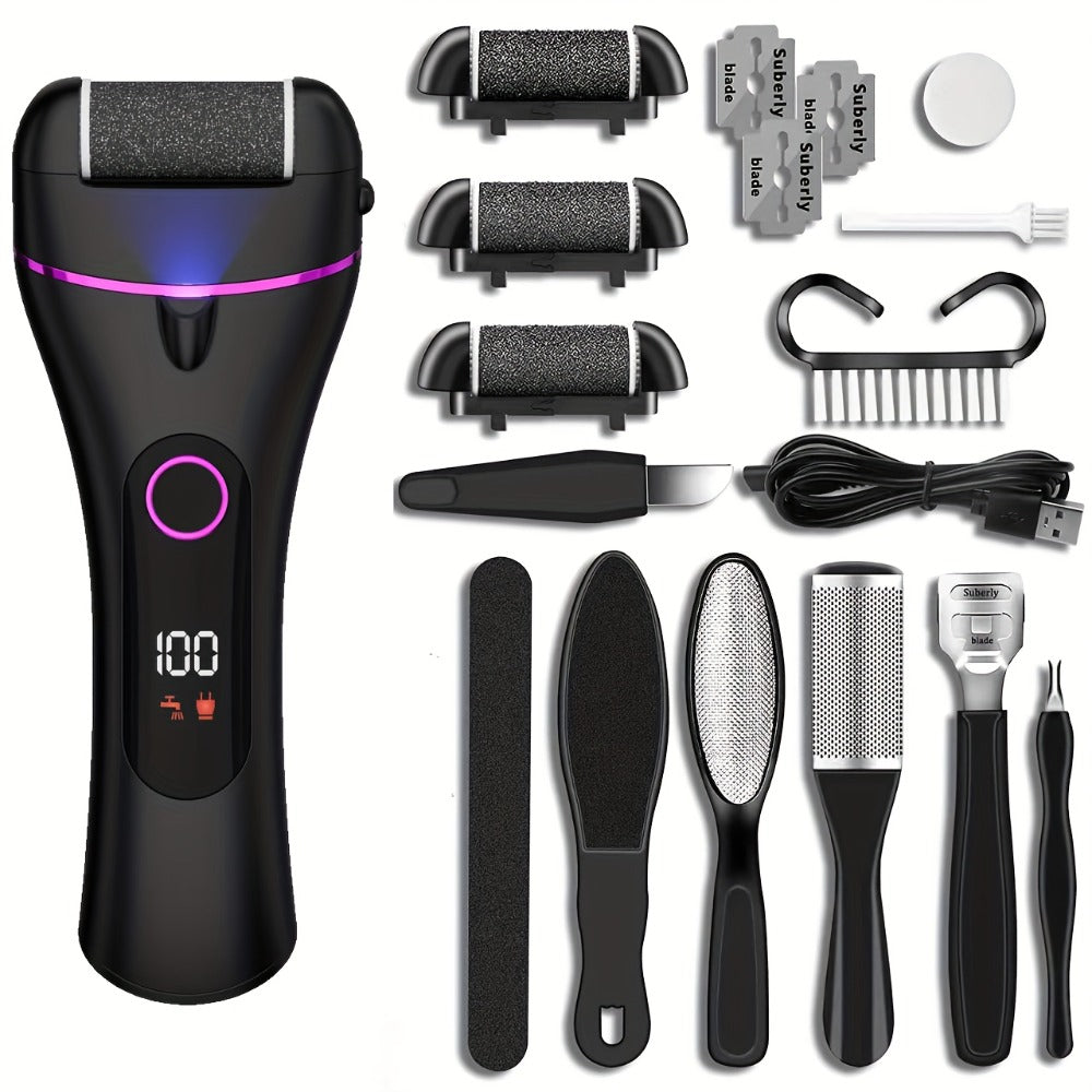 14-in-1 Rechargeable Electric Foot Remover Kit - Professional Pedicure Set with 3 Rollers, 2 Speeds, Battery Display, Foot File, Foot Scrubber, USB Powered, Lithium Battery, Plastic Material, Includes Power Adapter, No Display, for Home and Salon Use, Sal